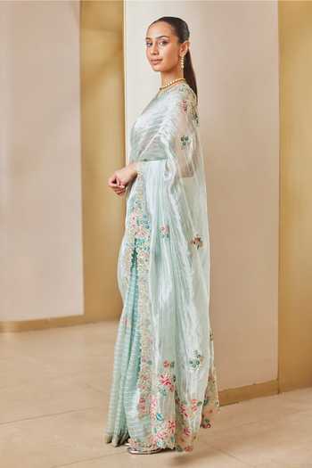 Osaa By Adarsh_Blue Tissue Zari, Embroidery Round Neck Blouse And Saree Set_Online_at_Aza_Fashions