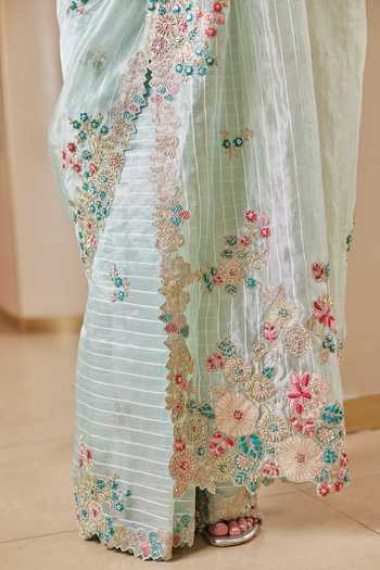 Buy_Osaa By Adarsh_Blue Tissue Zari, Embroidery Round Neck Blouse And Saree Set_Online_at_Aza_Fashions