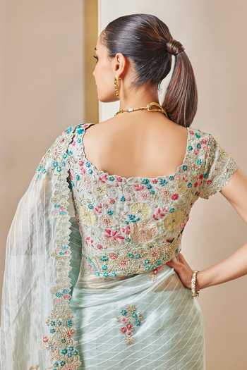 Shop_Osaa By Adarsh_Blue Tissue Zari, Embroidery Round Neck Blouse And Saree Set_Online_at_Aza_Fashions