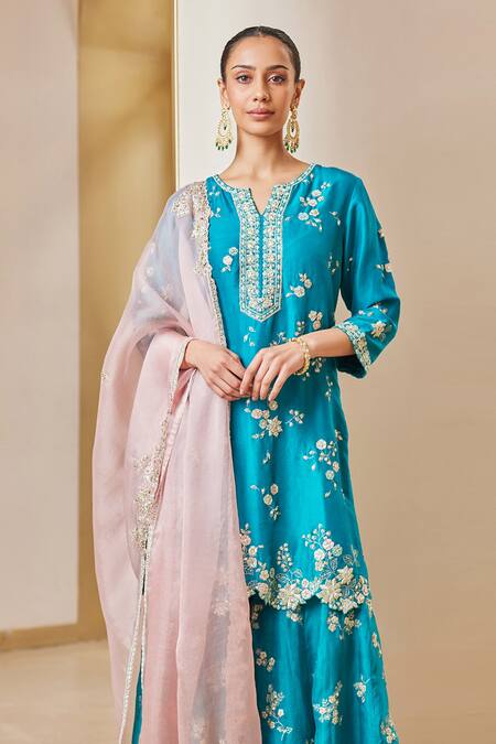 Osaa By Adarsh_Green Silk, Chiffon Sequins, Zari, Beads, Embroidery Split Kurta Sharara Set_Online_at_Aza_Fashions