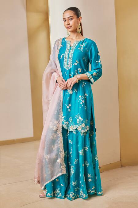 Buy_Osaa By Adarsh_Green Silk, Chiffon Sequins, Zari, Beads, Embroidery Split Kurta Sharara Set_Online_at_Aza_Fashions