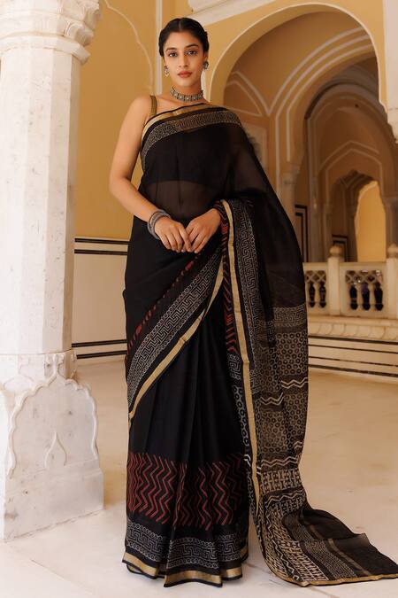 Blended Cotton Saree in Black and Gold – Bengal Looms India