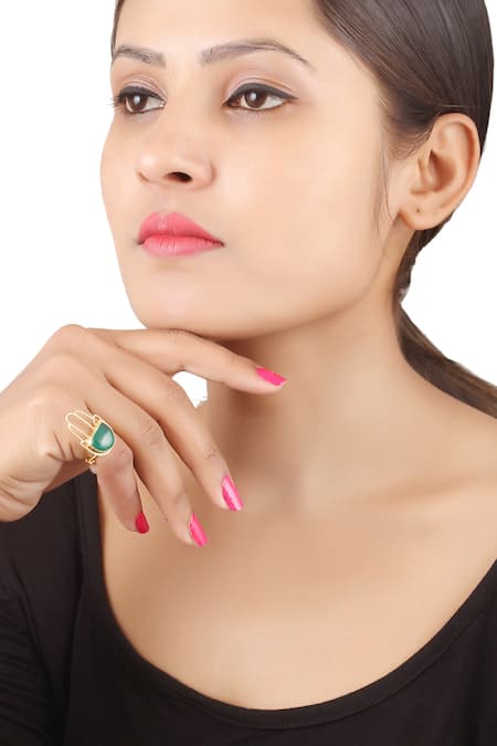 Sangeeta Boochra Gold Plated Stones Green Cutwork Ring