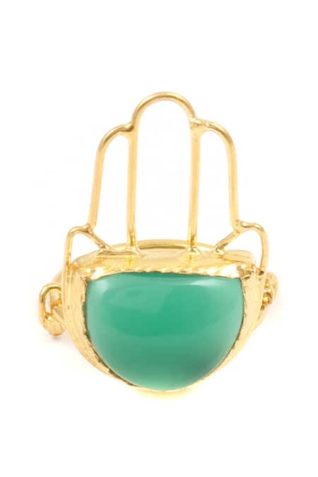 Shop Sangeeta Boochra Gold Plated Stones Green Cutwork Ring at Aza Fashions Shop_Sangeeta Boochra_Gold Plated Stones Green Cutwork Ring _at_Aza_Fashions