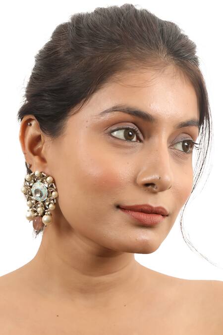 Riana Jewellery_Pink Glitter, Stones, Beads Meenakari Pattern Earrings _Online_at_Aza_Fashions