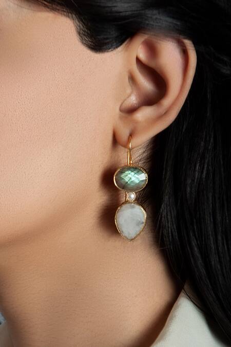 Buy Neeta Boochra Gold Plated Labradorite Natural Gemstone, Rainbow Moonstone And Studded Earrings at Aza Fashions Buy_Neeta Boochra_Gold Plated Labradorite Natural Gemstone, Rainbow Moonstone And Studded Earrings_at_Aza_Fashions