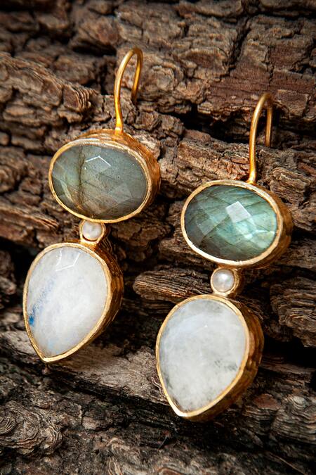 Shop Neeta Boochra Gold Plated Labradorite Natural Gemstone, Rainbow Moonstone And Studded Earrings at Aza Fashions Shop_Neeta Boochra_Gold Plated Labradorite Natural Gemstone, Rainbow Moonstone And Studded Earrings_at_Aza_Fashions