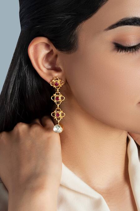 Buy Neeta Boochra Gold Plated Ruby, Moissanite And Embellished Earrings at Aza Fashions Buy_Neeta Boochra_Gold Plated Ruby, Moissanite And Embellished Earrings_at_Aza_Fashions