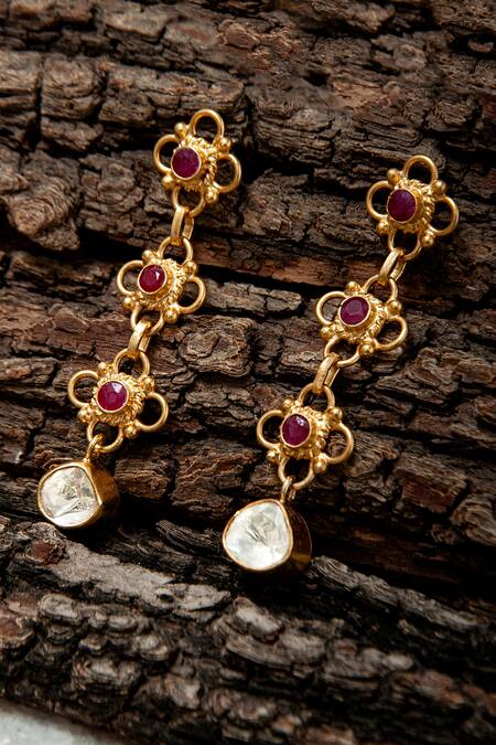 Shop Neeta Boochra Gold Plated Ruby, Moissanite And Embellished Earrings at Aza Fashions Shop_Neeta Boochra_Gold Plated Ruby, Moissanite And Embellished Earrings_at_Aza_Fashions