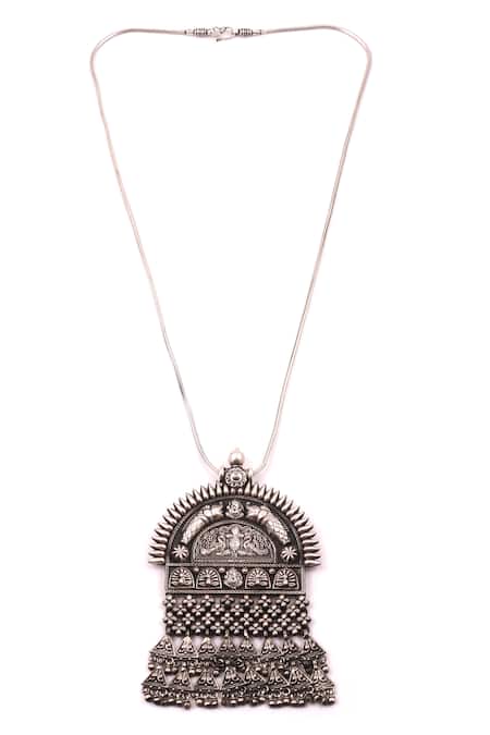Shop Sangeeta Boochra Silver Plated Temple Carved Pendant Necklace at Aza Fashions Shop_Sangeeta Boochra_Silver Plated Temple Carved Pendant Necklace _at_Aza_Fashions