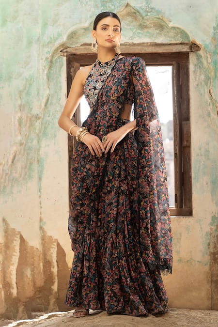 Seeaash Black Flat Chiffon Printed Floral Pre-draped Concept Saree With Blouse 