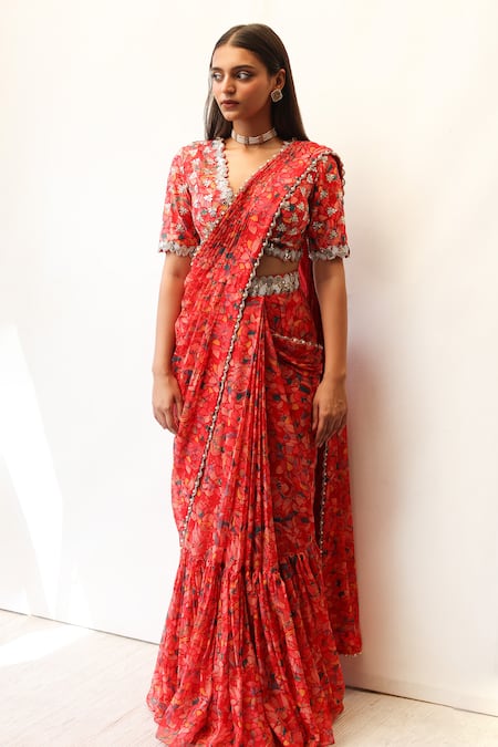 Seeaash Red Flat Chiffon Printed Feather Pre-draped Concept Saree With Blouse 