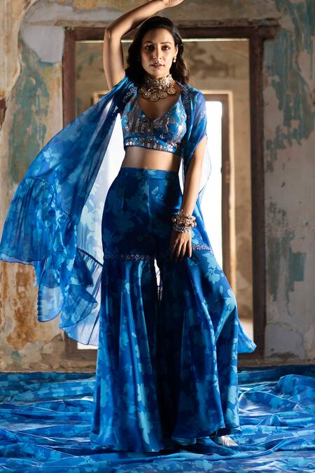 Buy_Seeaash_Blue Organza Pearls, Crystals, Cut Work V-neck Bagh Print Cape Sharara Set_Online_at_Aza_Fashions