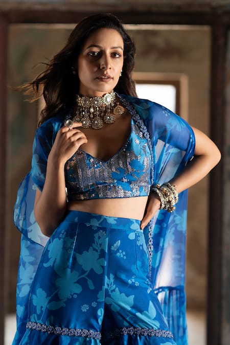 Shop_Seeaash_Blue Organza Pearls, Crystals, Cut Work V-neck Bagh Print Cape Sharara Set_Online_at_Aza_Fashions