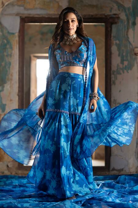Seeaash_Blue Organza Pearls, Crystals, Cut Work V-neck Bagh Print Cape Sharara Set_at_Aza_Fashions