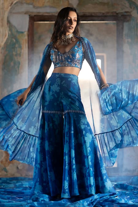 Buy_Seeaash_Blue Organza Pearls, Crystals, Cut Work V-neck Bagh Print Cape Sharara Set