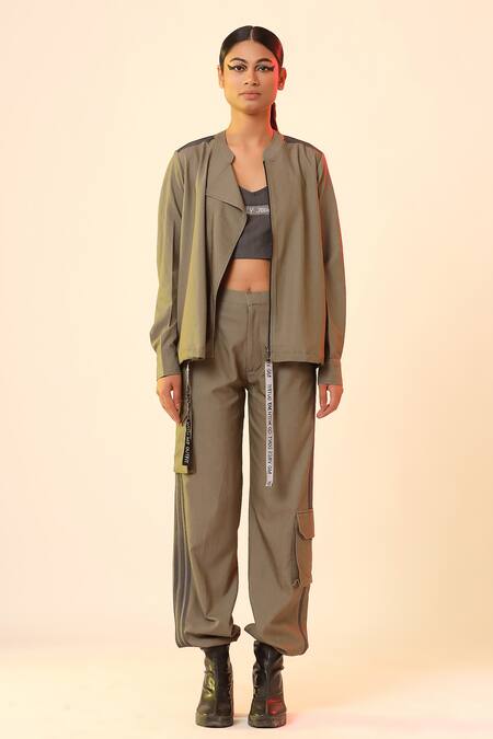 Scribbology_Green Tencel Collared Text Panel Jacket With Harem Pant _Online_at_Aza_Fashions