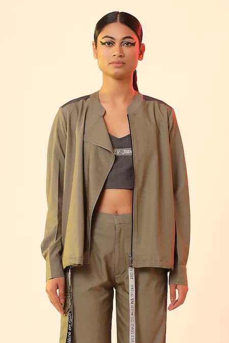 Buy_Scribbology_Green Tencel Collared Text Panel Jacket With Harem Pant _Online_at_Aza_Fashions