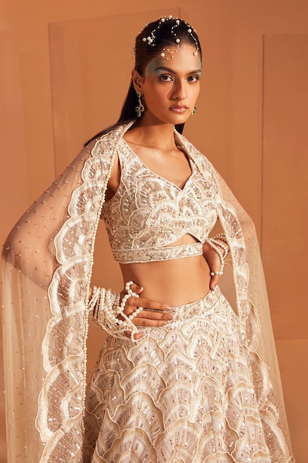 Shop_Divya Aggarwal_Ivory Organza Pearls, Sequins V-neck Seashell Embellished Lehenga Set _Online_at_Aza_Fashions