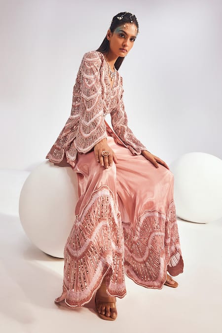 Shop_Divya Aggarwal_Pink Organza Sequins, Pearls, Emaline Scalloped Embellished Jacket Sharara Set _Online_at_Aza_Fashions