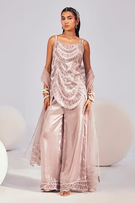 Divya Aggarwal Purple Kurta Glass Organza Embroidered Ella Seashell Embellished Palazzo Set 