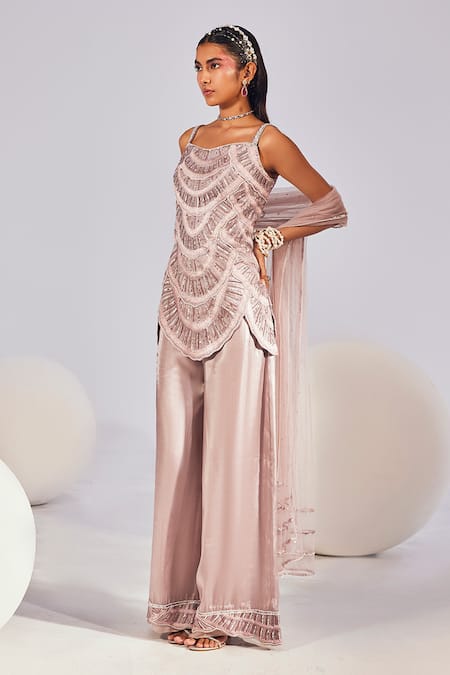 Divya Aggarwal_Purple Organza, Tulle, Silk Pearls, Ella Seashell Embellished Kurta Palazzo Set _Online_at_Aza_Fashions