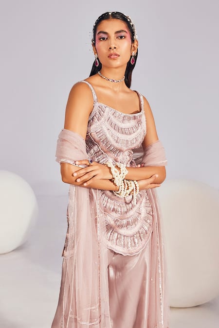 Buy_Divya Aggarwal_Purple Organza, Tulle, Silk Pearls, Ella Seashell Embellished Kurta Palazzo Set _Online_at_Aza_Fashions