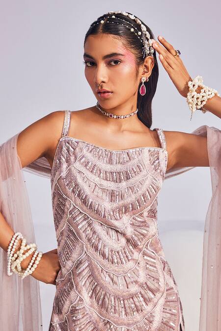 Shop_Divya Aggarwal_Purple Organza, Tulle, Silk Pearls, Ella Seashell Embellished Kurta Palazzo Set _Online_at_Aza_Fashions