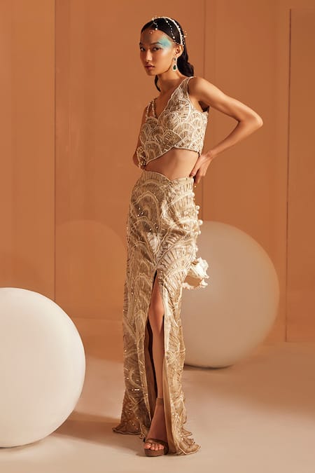 Divya Aggarwal_Beige Organza Pearls, Sequins V-neck Cari Scalloped Slit Skirt With Blouse _Online_at_Aza_Fashions