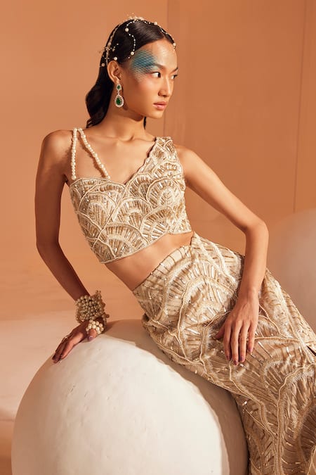 Shop_Divya Aggarwal_Beige Organza Pearls, Sequins V-neck Cari Scalloped Slit Skirt With Blouse _Online_at_Aza_Fashions