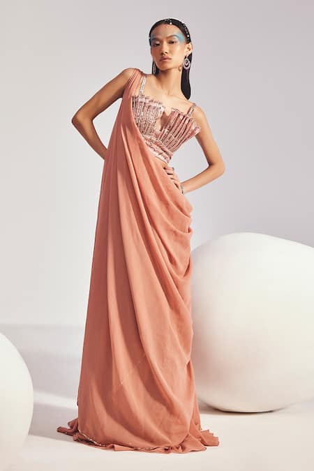 Divya Aggarwal_Pink Georgette, Silk Organza Sequins, Mira 3d Scallop Blouse With Concept Saree _Online_at_Aza_Fashions