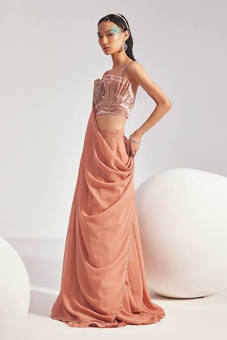 Buy_Divya Aggarwal_Pink Georgette, Silk Organza Sequins, Mira 3d Scallop Blouse With Concept Saree _Online_at_Aza_Fashions