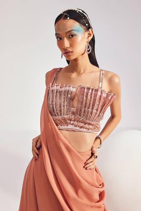 Shop_Divya Aggarwal_Pink Georgette, Silk Organza Sequins, Mira 3d Scallop Blouse With Concept Saree _Online_at_Aza_Fashions
