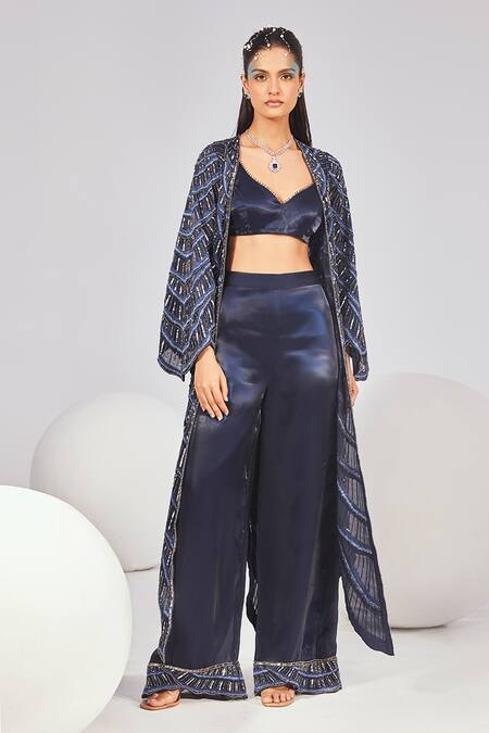 Divya Aggarwal_Blue Organza Sequins, Pearls V-neck, Open Embroidered Cutdana Jacket Palazzo Set _Online_at_Aza_Fashions