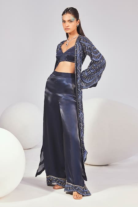 Buy_Divya Aggarwal_Blue Organza Sequins, Pearls V-neck, Open Embroidered Cutdana Jacket Palazzo Set _Online_at_Aza_Fashions