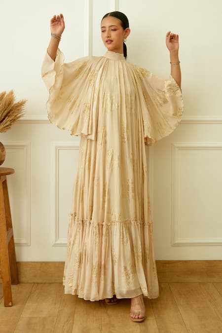 Nikasha_Off White Viscose, Crepe Foil Printing, Embroidery Bandeau Neck Maxi Dress _Online_at_Aza_Fashions