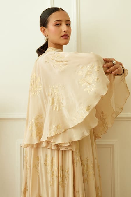 Buy_Nikasha_Off White Viscose, Crepe Foil Printing, Embroidery Bandeau Neck Maxi Dress _Online_at_Aza_Fashions