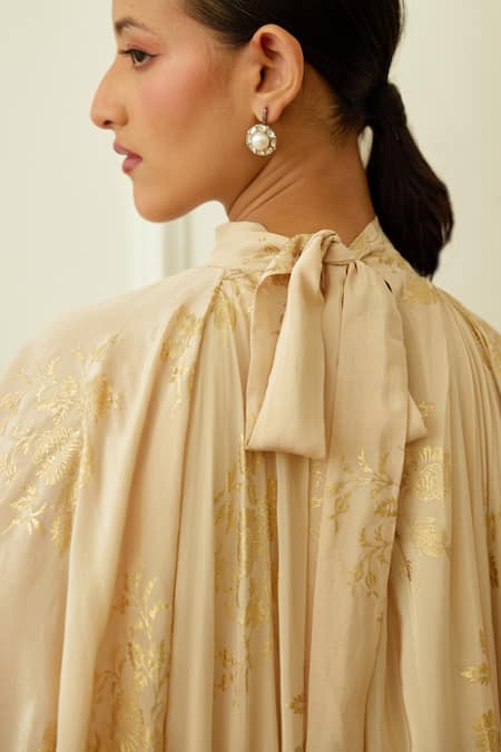 Shop_Nikasha_Off White Viscose, Crepe Foil Printing, Embroidery Bandeau Neck Maxi Dress _Online_at_Aza_Fashions