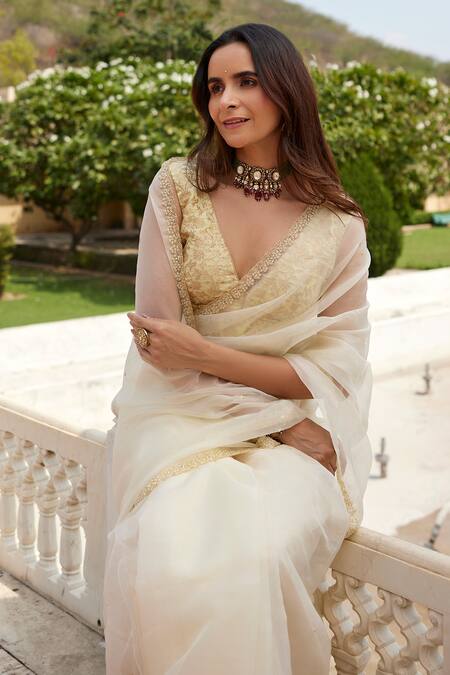 Shop_Geroo Jaipur_Cream Organza Pearls Saree With Unstitched Brocade Blouse Piece_Online_at_Aza_Fashions