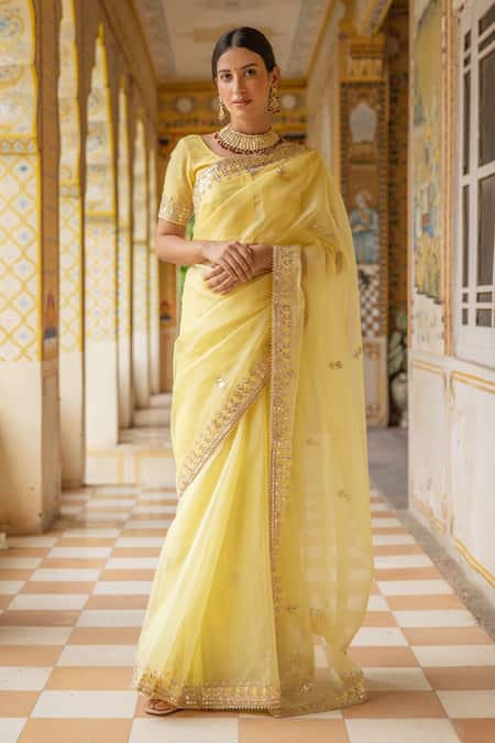 Geroo Jaipur Yellow Organza Hand Embroidered Gota Patti Saree With Unstitched Blouse Piece