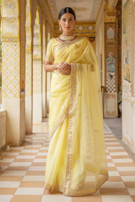 Geroo Jaipur Yellow Organza Gota Patti Work Saree With Unstitched Blouse Piece Online at Aza Fashions Geroo Jaipur_Yellow Organza Gota Patti Work Saree With Unstitched Blouse Piece _Online_at_Aza_Fashions