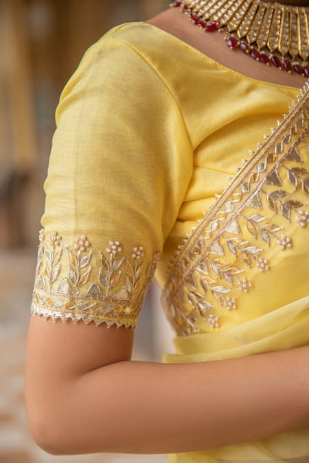 Buy Geroo Jaipur Yellow Organza Gota Patti Work Saree With Unstitched Blouse Piece Online at Aza Fashions Buy_Geroo Jaipur_Yellow Organza Gota Patti Work Saree With Unstitched Blouse Piece _Online_at_Aza_Fashions