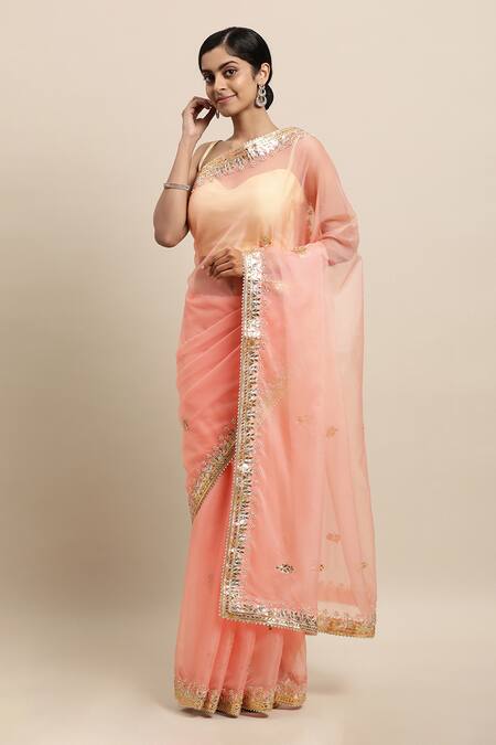 Buy Peach Chiffon Embroidery Gota Work Lotus Placement Saree For Women by  Studio Malang Online at Aza Fashions.