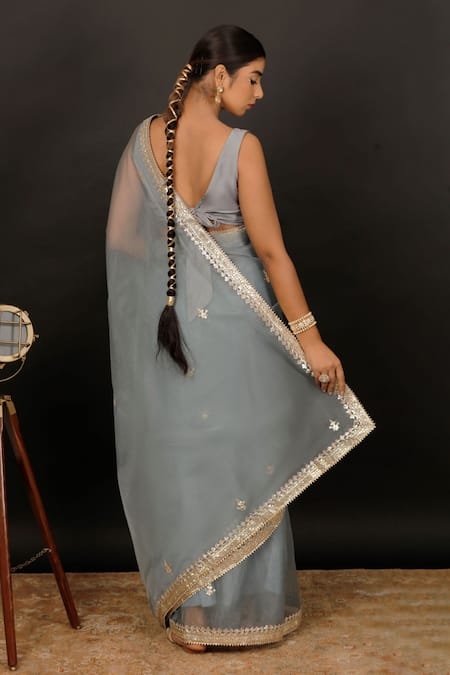 Shop Geroo Jaipur Grey Organza Gota Patti Work Saree With Unstitched Blouse Piece at Aza Fashions Shop_Geroo Jaipur_Grey Organza Gota Patti Work Saree With Unstitched Blouse Piece _at_Aza_Fashions