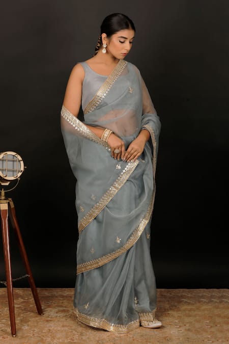 Buy Geroo Jaipur Grey Organza Gota Patti Work Saree With Unstitched Blouse Piece Online at Aza Fashions Buy_Geroo Jaipur_Grey Organza Gota Patti Work Saree With Unstitched Blouse Piece _Online_at_Aza_Fashions