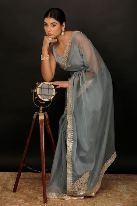 Shop Geroo Jaipur Grey Organza Gota Patti Work Saree With Unstitched Blouse Piece Online at Aza Fashions Shop_Geroo Jaipur_Grey Organza Gota Patti Work Saree With Unstitched Blouse Piece _Online_at_Aza_Fashions