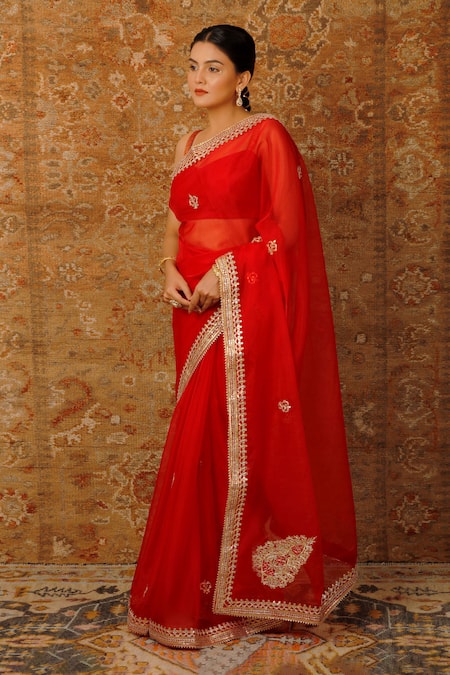 Shop_Geroo Jaipur_Red Organza Gota Patti Work Saree With Unstitched Blouse Piece _Online_at_Aza_Fashions
