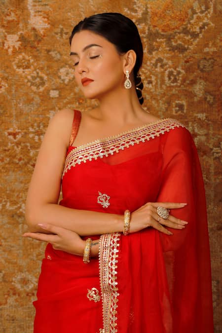 Geroo Jaipur_Red Organza Gota Patti Work Saree With Unstitched Blouse Piece _at_Aza_Fashions