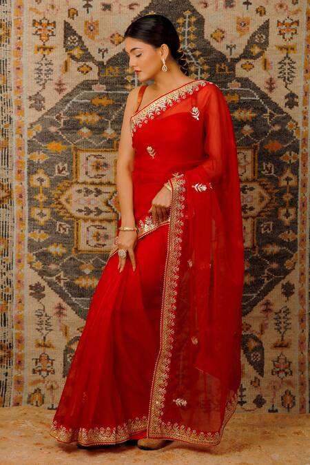 Geroo Jaipur_Red Organza Gota Patti Work Saree With Unstitched Blouse Piece _Online_at_Aza_Fashions