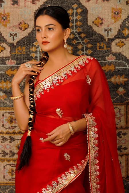 Shop_Geroo Jaipur_Red Organza Gota Patti Work Saree With Unstitched Blouse Piece _Online_at_Aza_Fashions